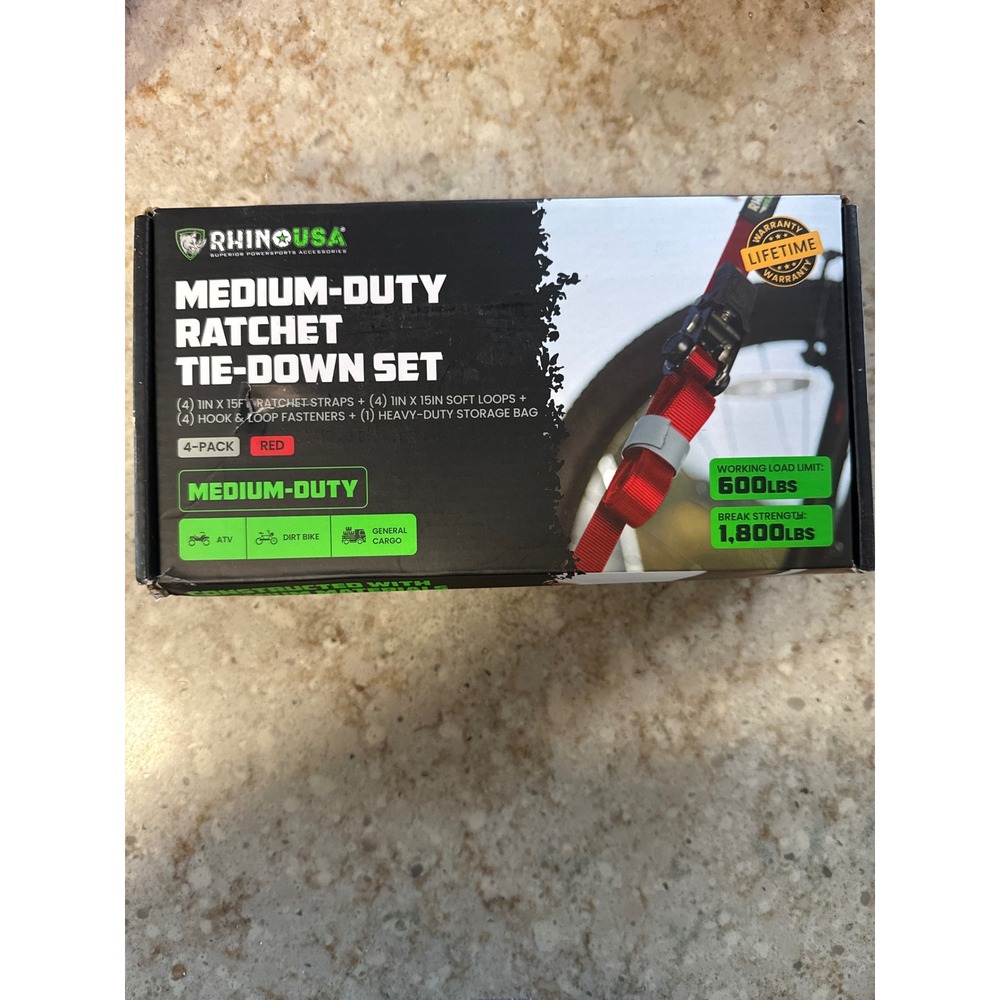Rhino USA Medium Duty Ratchet Tie Down Set 4 Pack Red 1in x 15ft 1800lb